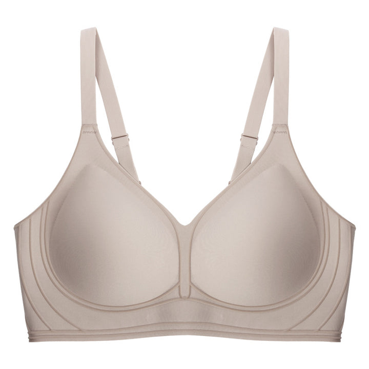 Detailaufnahme der 3D-Relief-Stütze des Contour Line BHs in Milch-Kaffee farbe