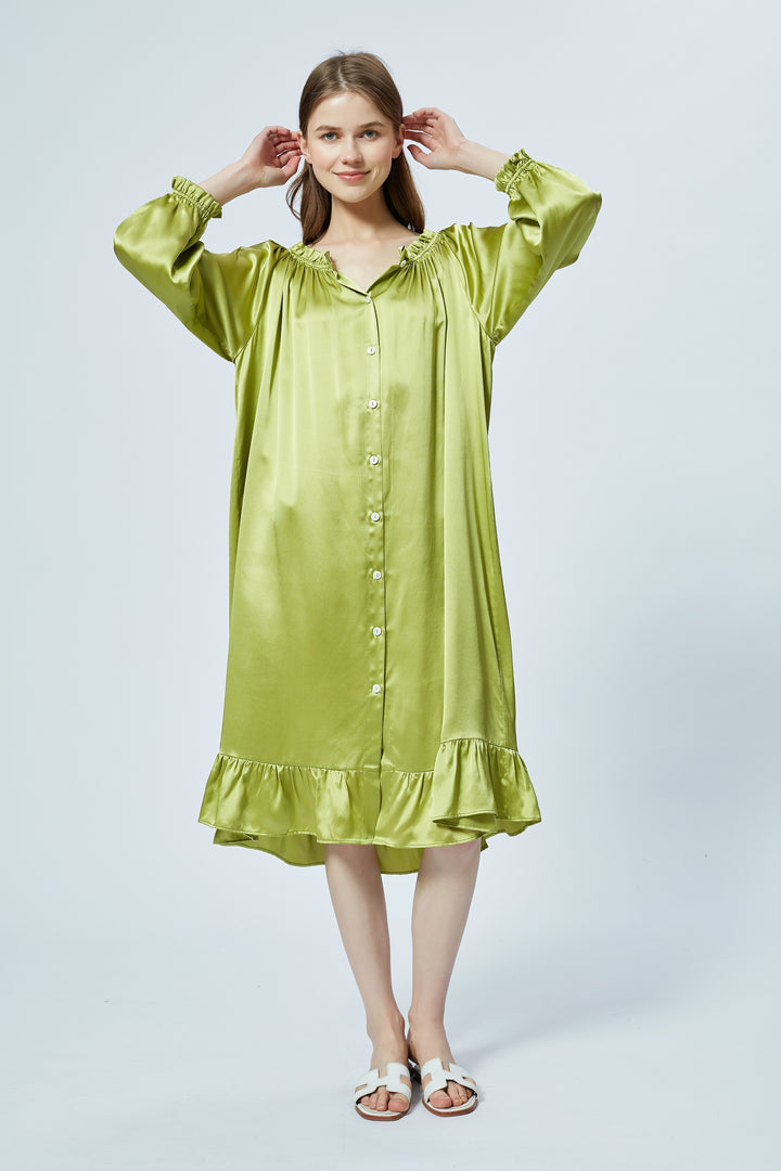 Loungewear sleepwear seiden pyjama  silk lange long Dress grünn green