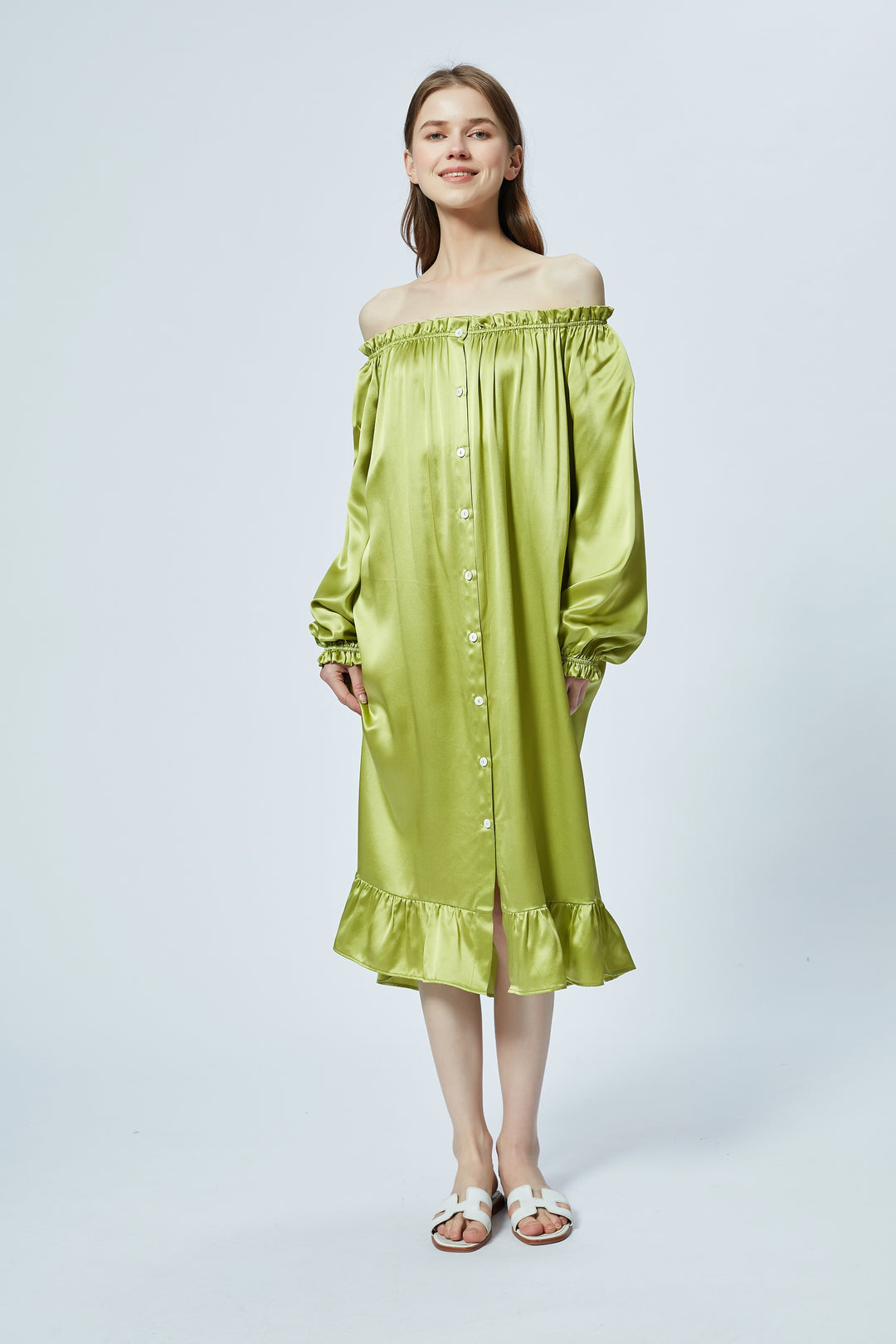 Loungewear sleepwear seiden pyjama  silk lange long Dress grünn green