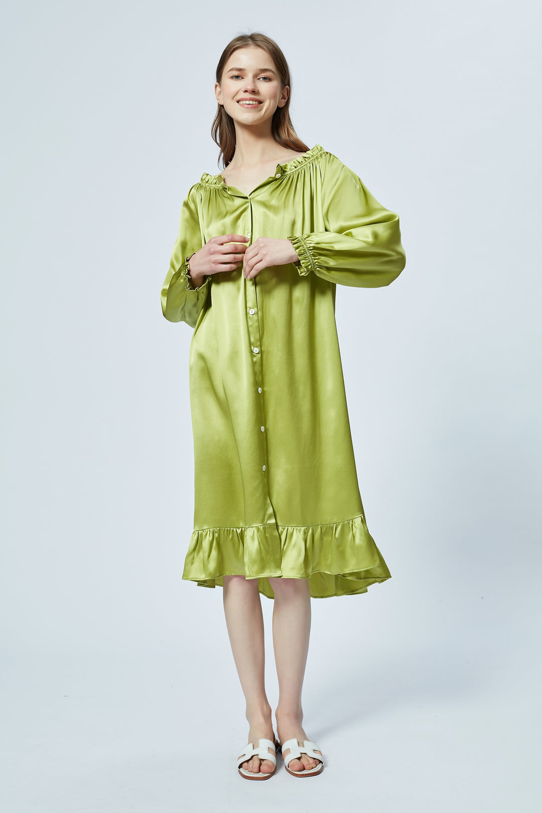 Loungewear sleepwear seiden pyjama  silk lange long Dress grünn green