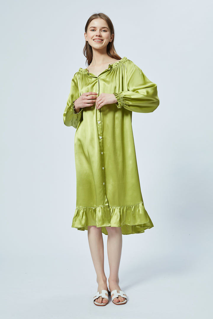 Loungewear sleepwear seiden pyjama  silk lange long Dress grünn green