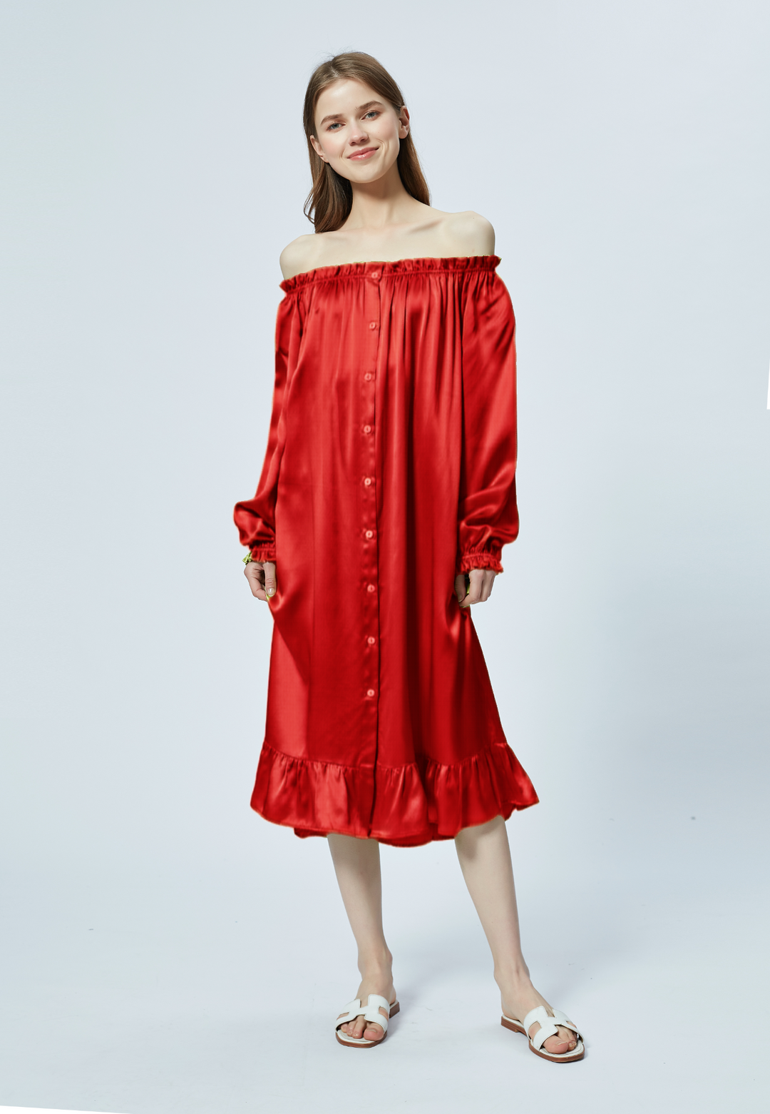 Loungewear sleepwear seiden pyjama  silk lange long Dress rote