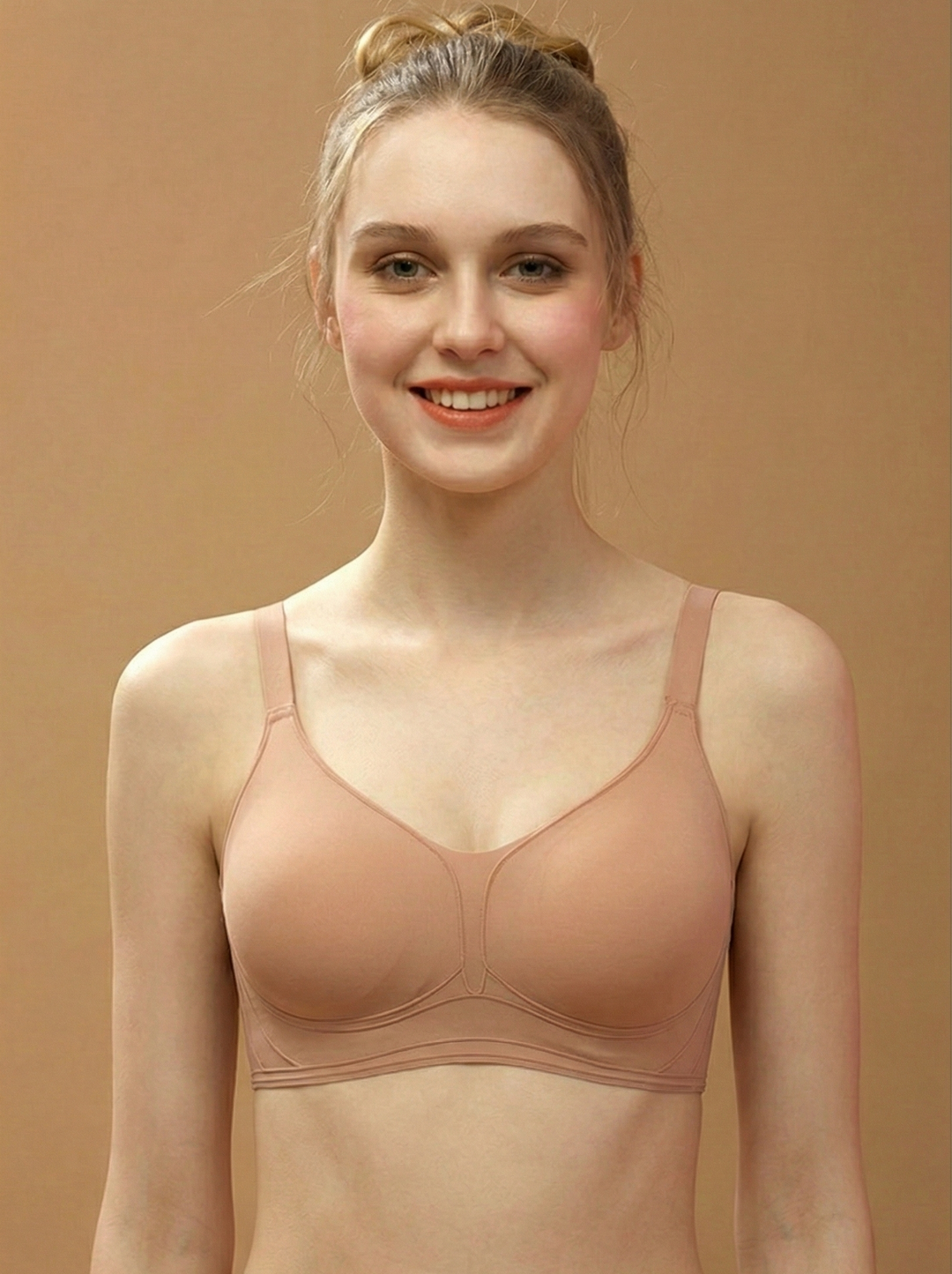 Nahtloser BH „Contour Line“ in Creme-Pink mit 3D-Relief-Stütze, Vorderansicht